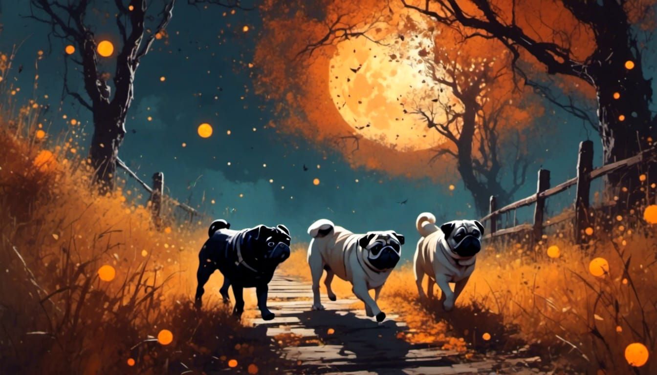 Pugs Walking at Night Under Moon in Autumn Colors