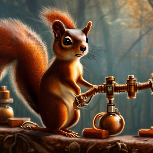 Steampunk Squirrel Gathering Nuts in Winter