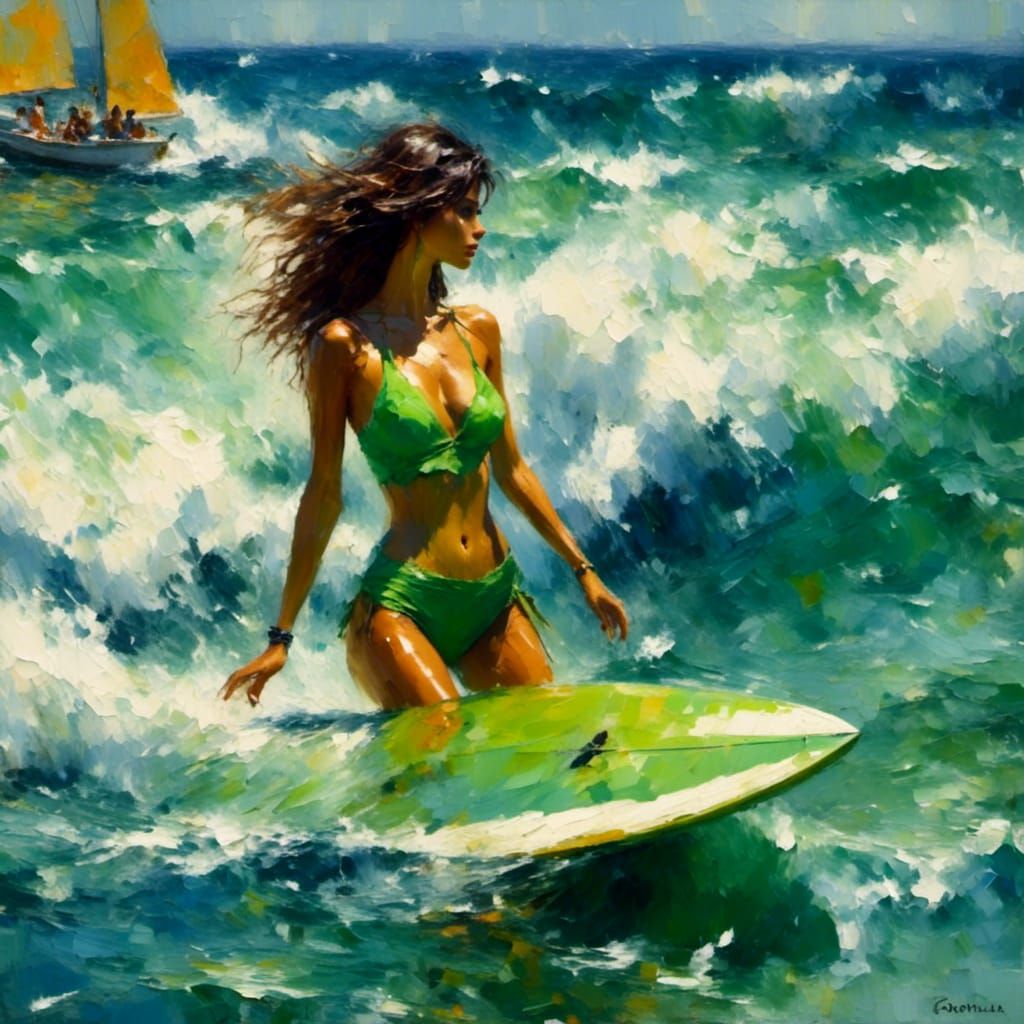 Woman Surfing a Green Wave in Impasto Style