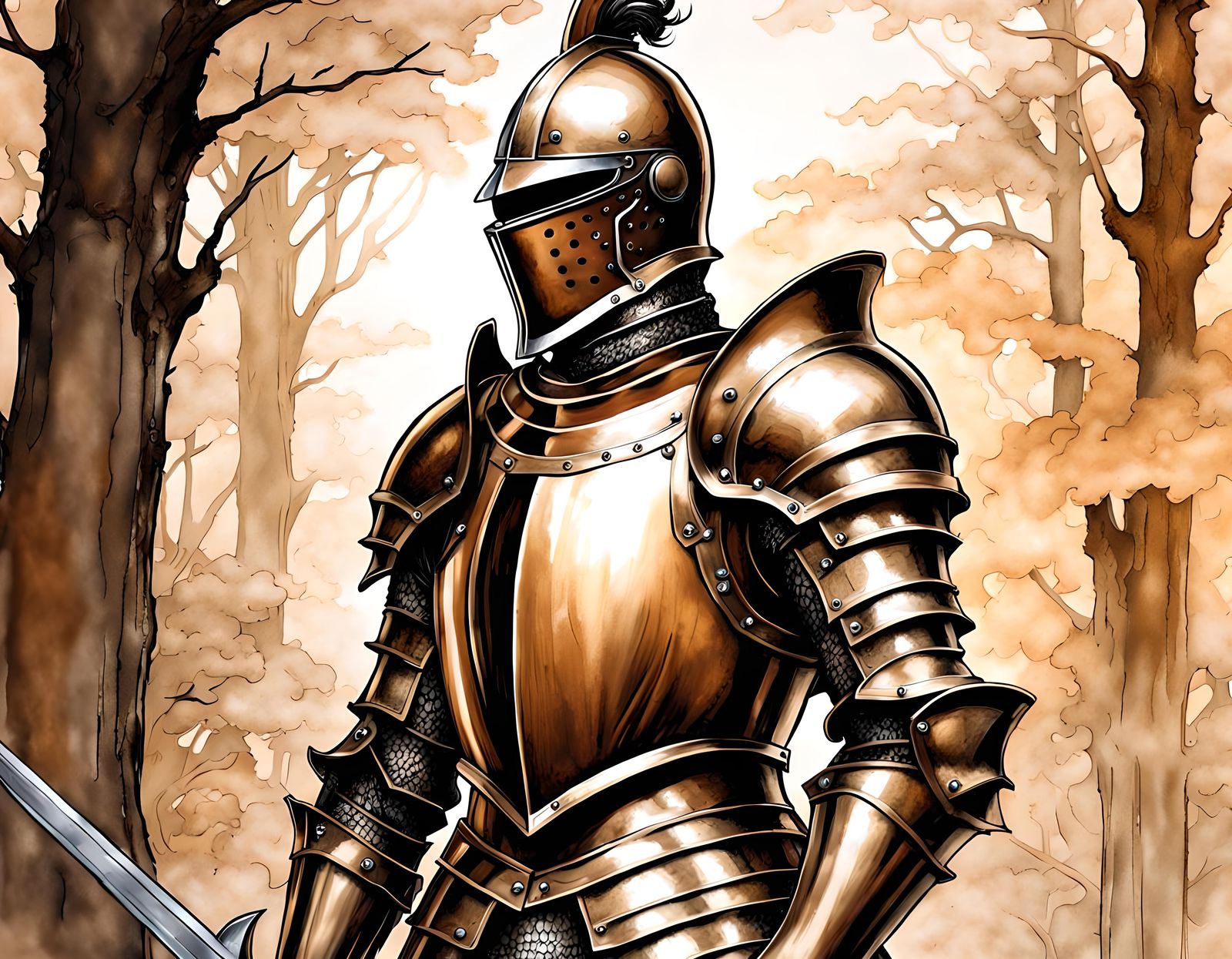 Knight wearing shiny bronze armor, detailed fantasy backgrou...