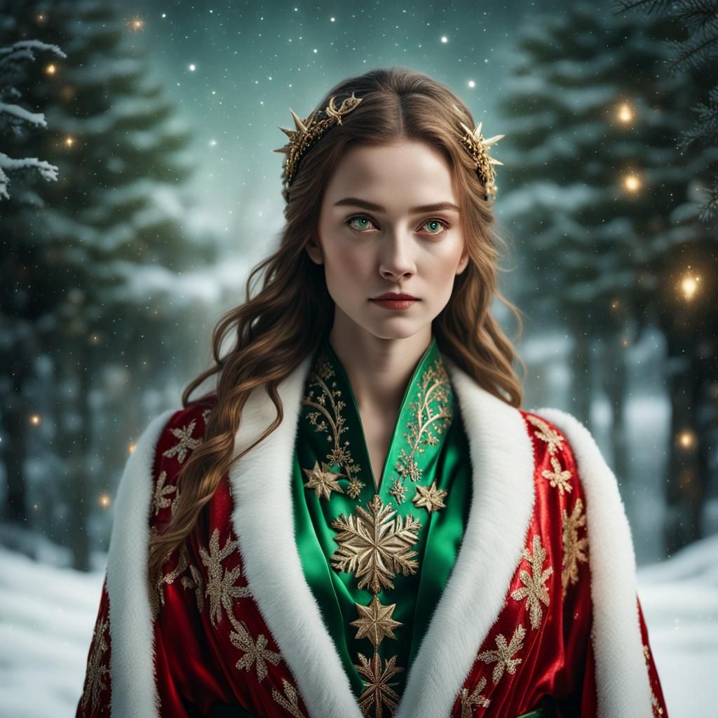 Elegant Christmas Portrait in Ornate Robe, Glowing with Gold...