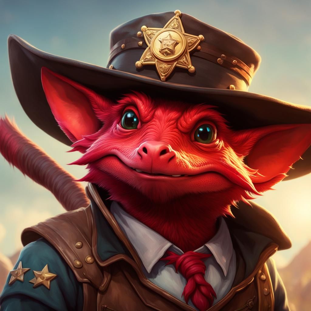 Red Kobold Sheriff Portrait in Hyperdetailed Digital Art