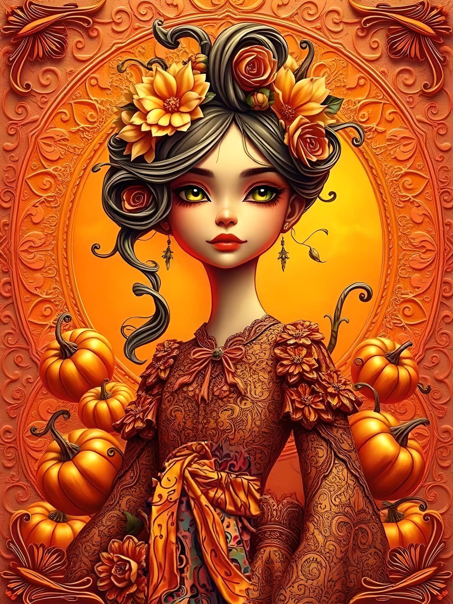 Intricate Carved Pumpkin Girl in Ornate Floral Dress