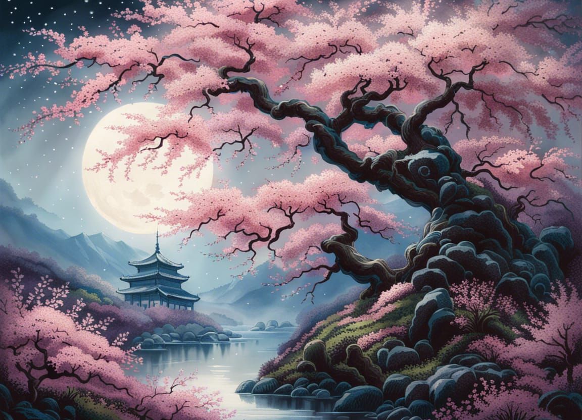 Cherry Blossoms Under Moonlight: Ink Painting in Yokoyama St...