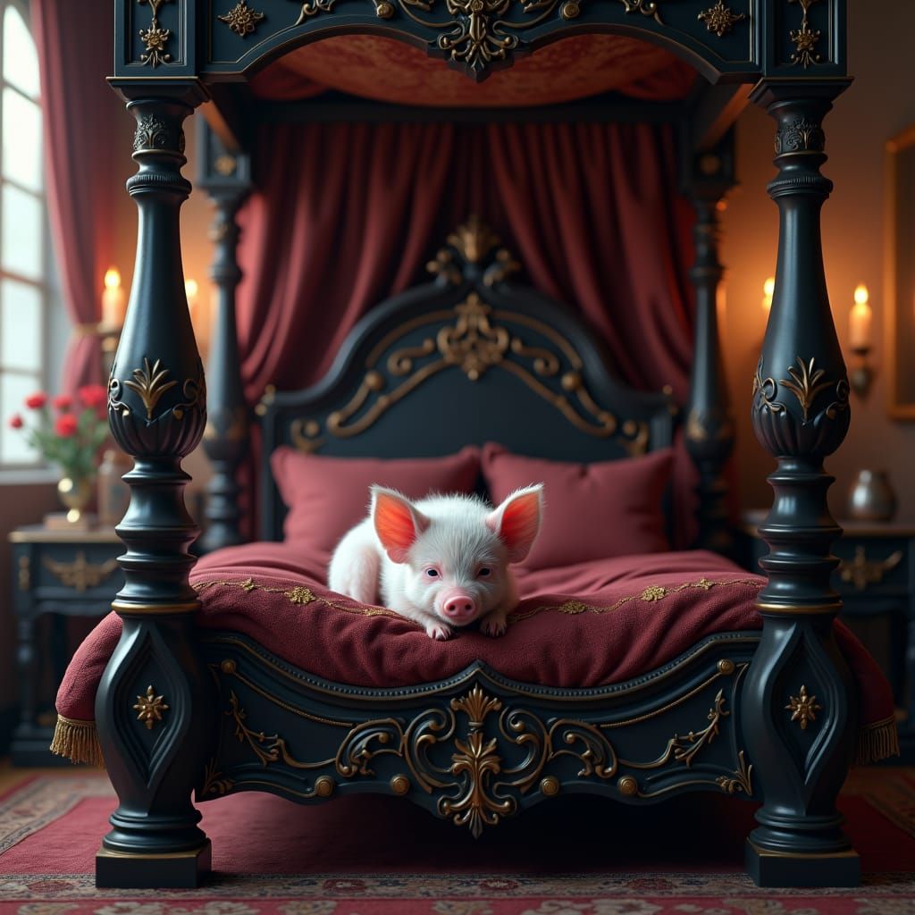 Piglet in Gothic Bed: Fantasy Matte Painting