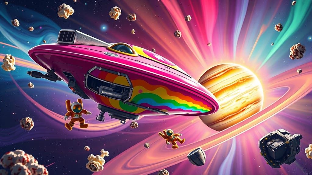 Rainbow Popcorn Spaceship Voyage Near Saturn