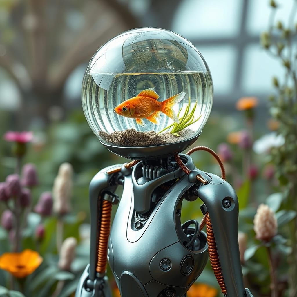 Robot in Futuristic Garden, Syd Mead Style