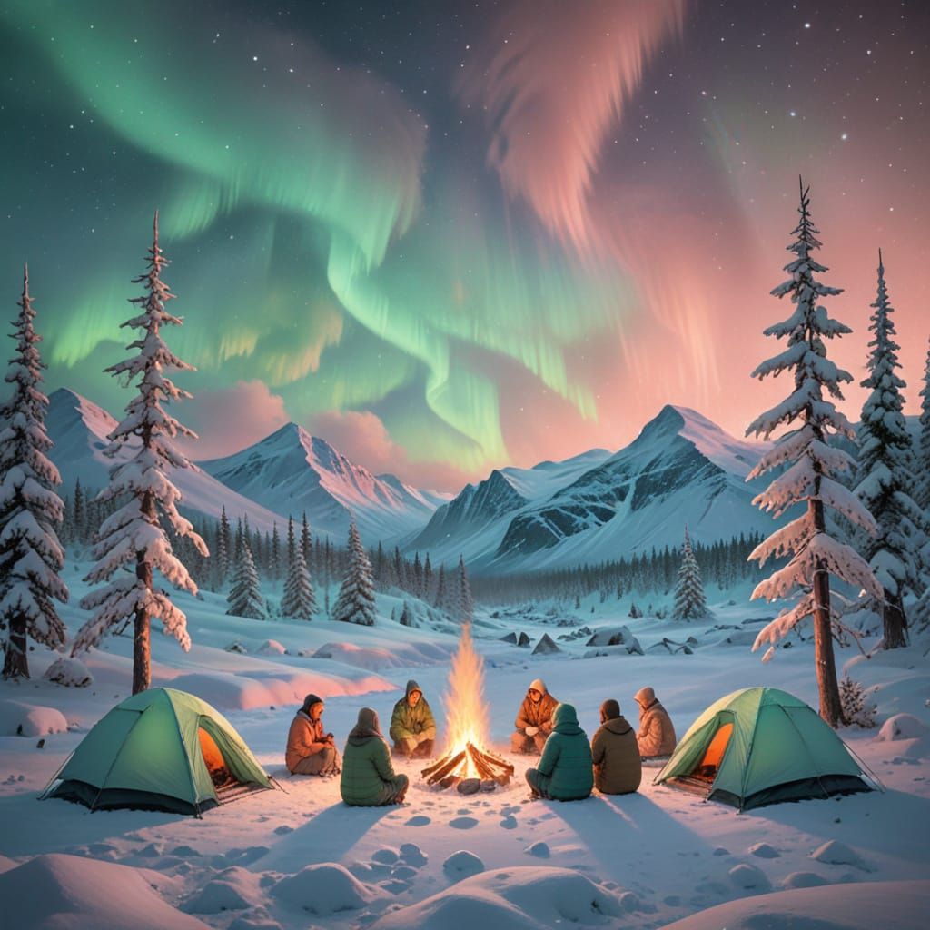 Winter Camping Scene in Serene Soft Pastel Impressionism