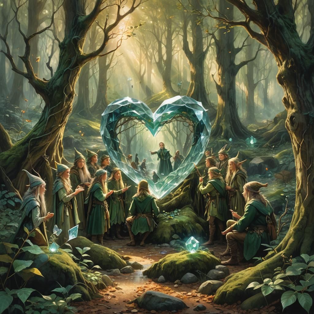 Elves Gathered Around Crystal in Ancient Forest