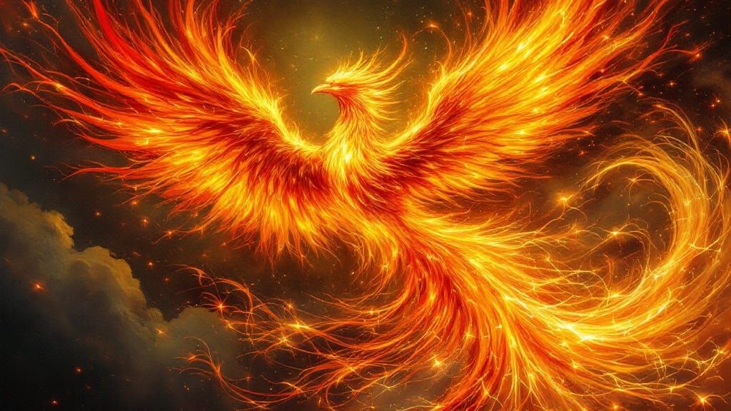 Majestic Phoenix in Flames with Outstretched Wings