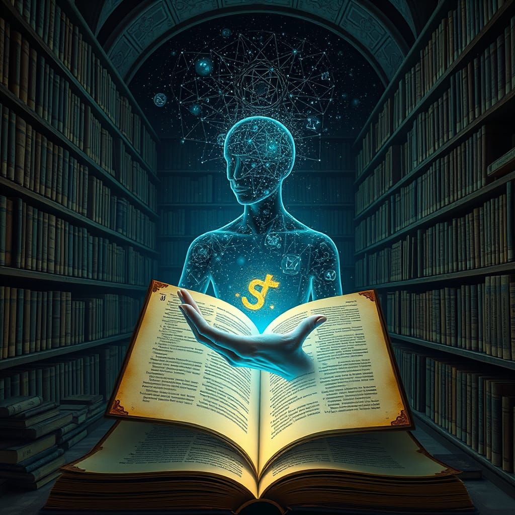 Abandoned Library with Glowing Stardust Figure