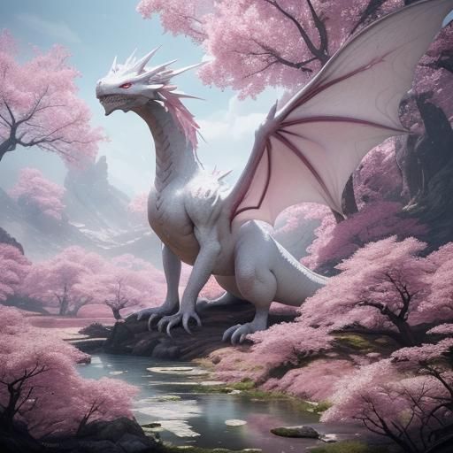 White Dragon with Blossoms: Fantasy Concept Art