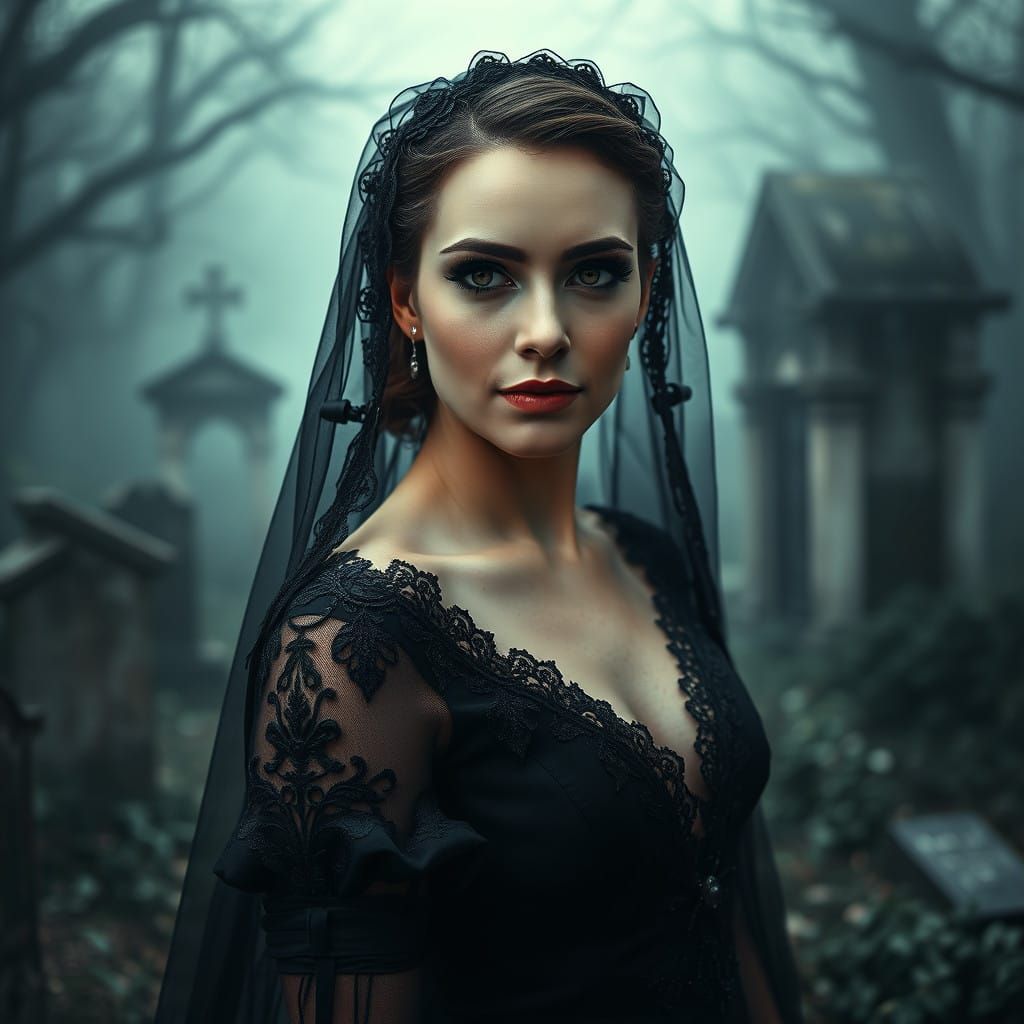 Victorian Bride in a Moonlit Cemetery