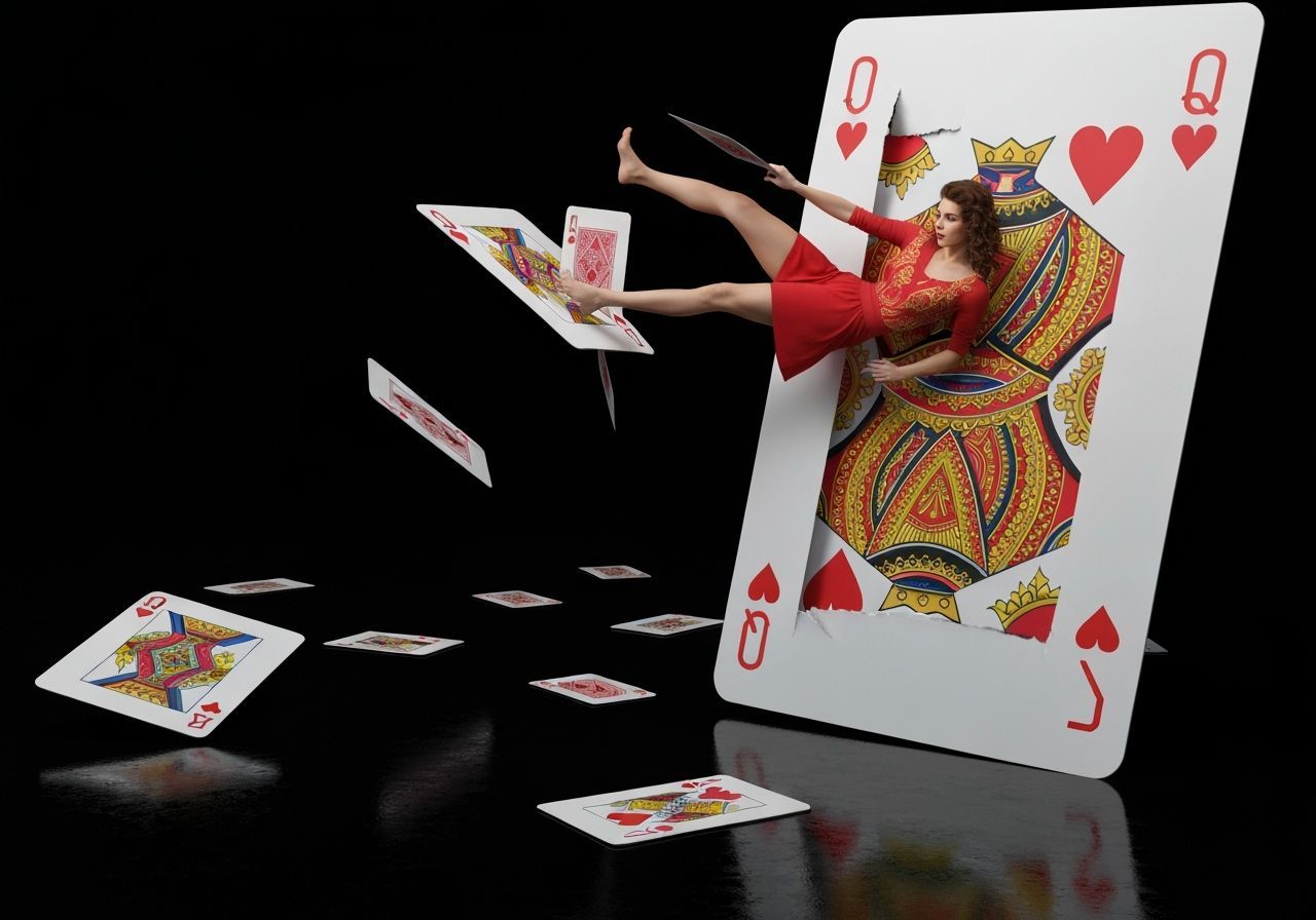 Queen of Hearts Emerges from Card in Vibrant Oil Painting