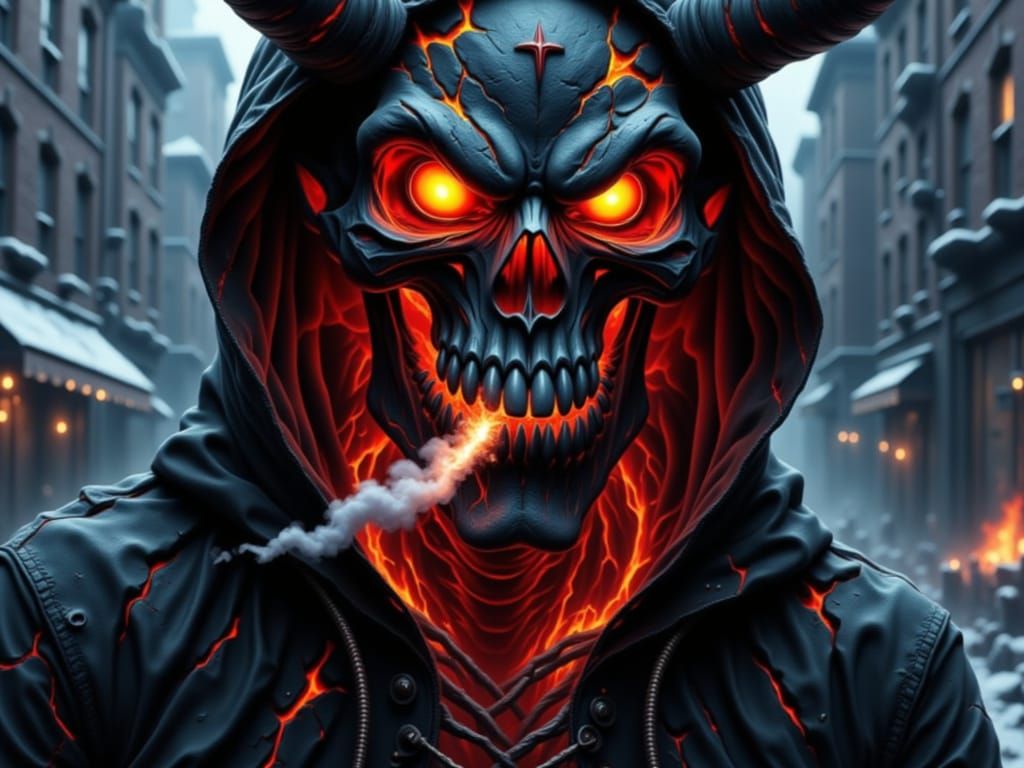 Demonic Figure with Molten Core in Urban Setting