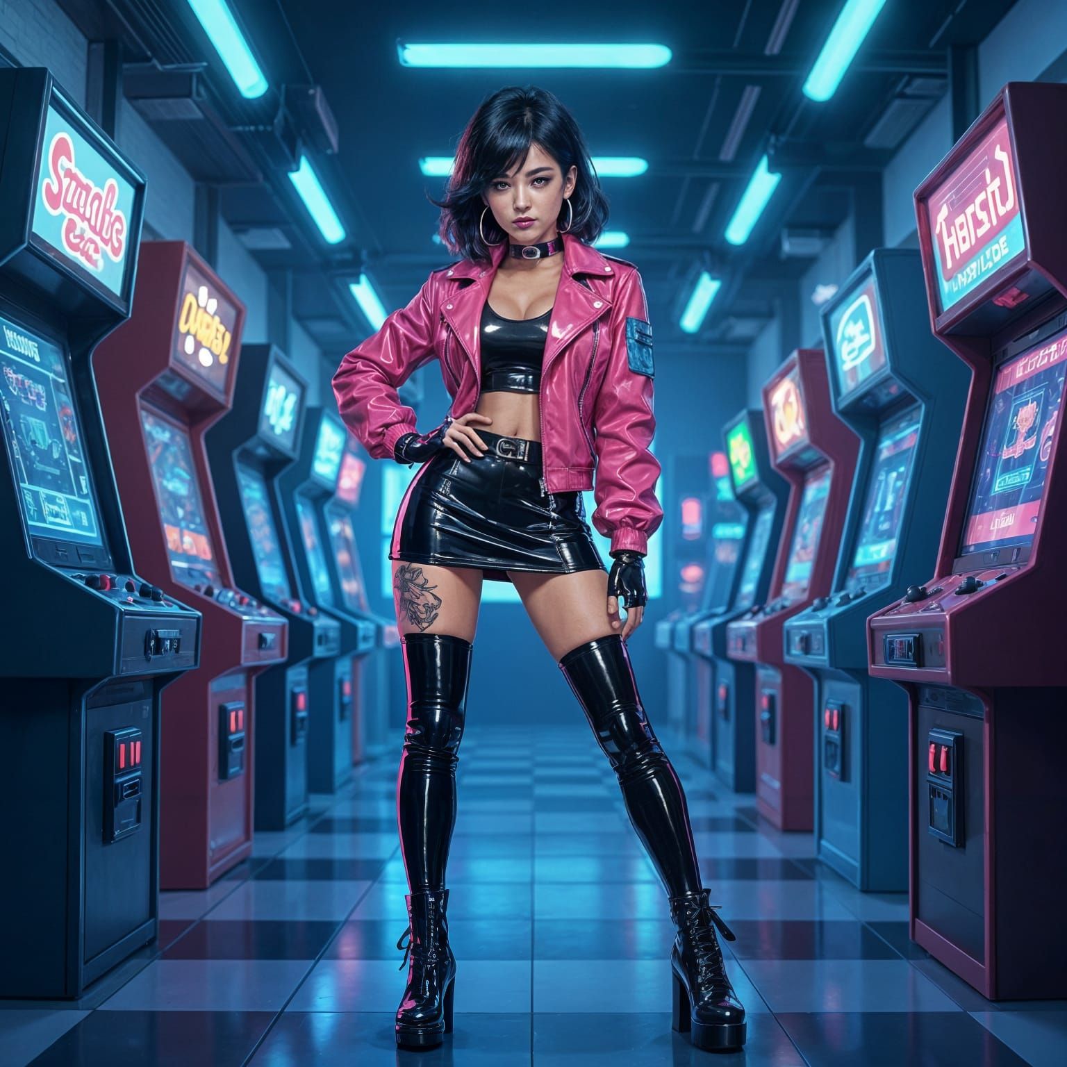 Anime Woman in Latex Poses in Neon Arcade