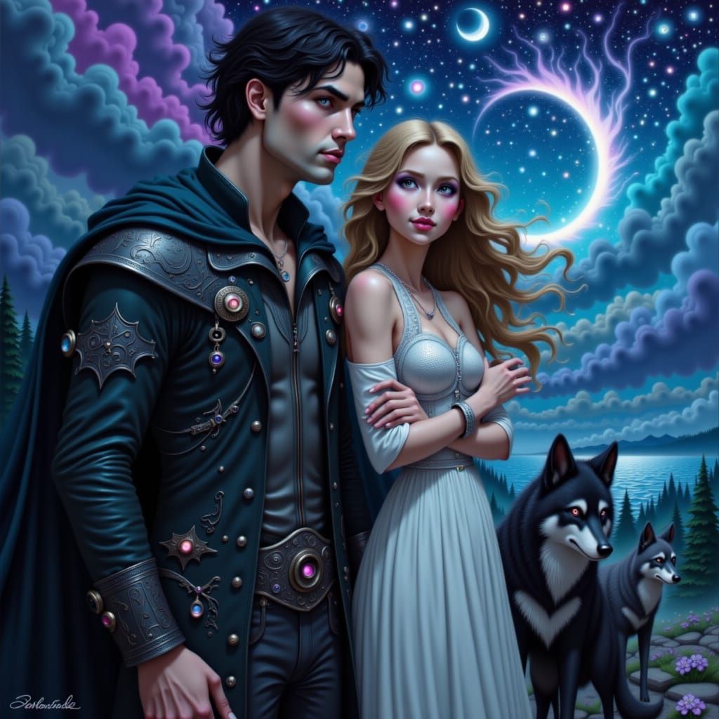 Moonlit Couple with Wolves in Dreamy Fantasy Style