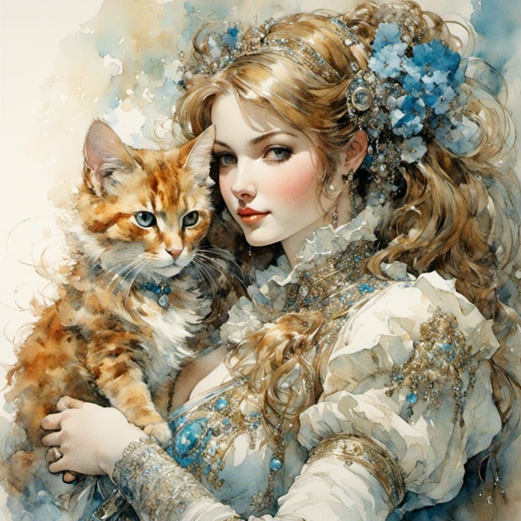 Girl and Cat in Watercolor Style