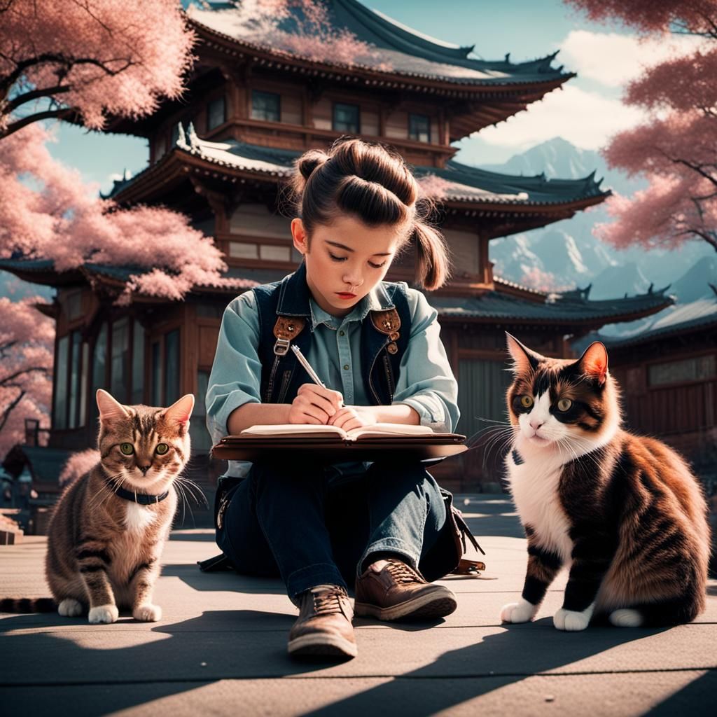 Rockabilly Kids Homework with Cat in Cinematic Style