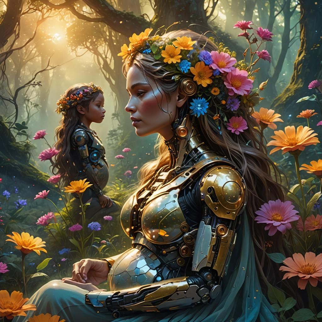 Pregnant cyborg with daughter