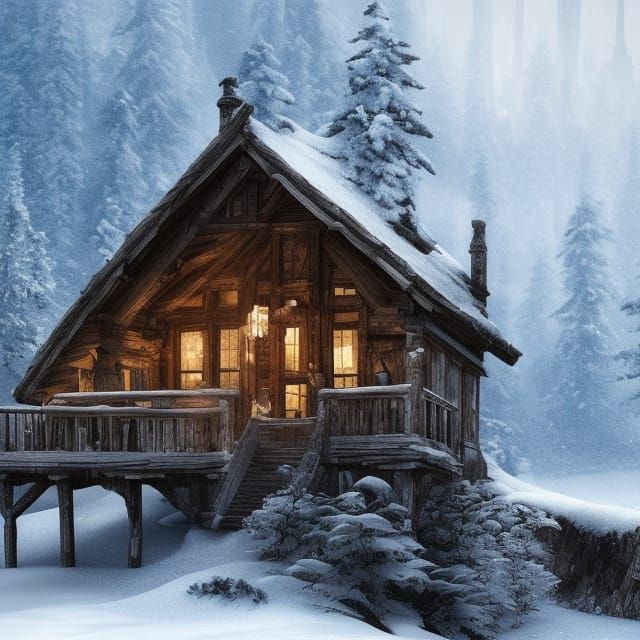 Snowy Cabin in Mountain Landscape: Digital Matte Painting