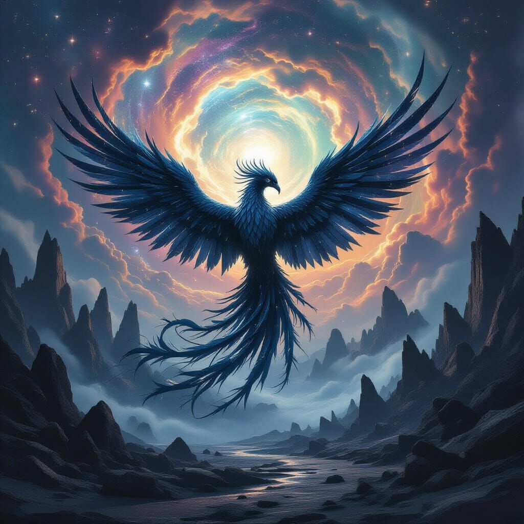 Gravity Bending Around Obsidian Phoenix in Nebula Sky