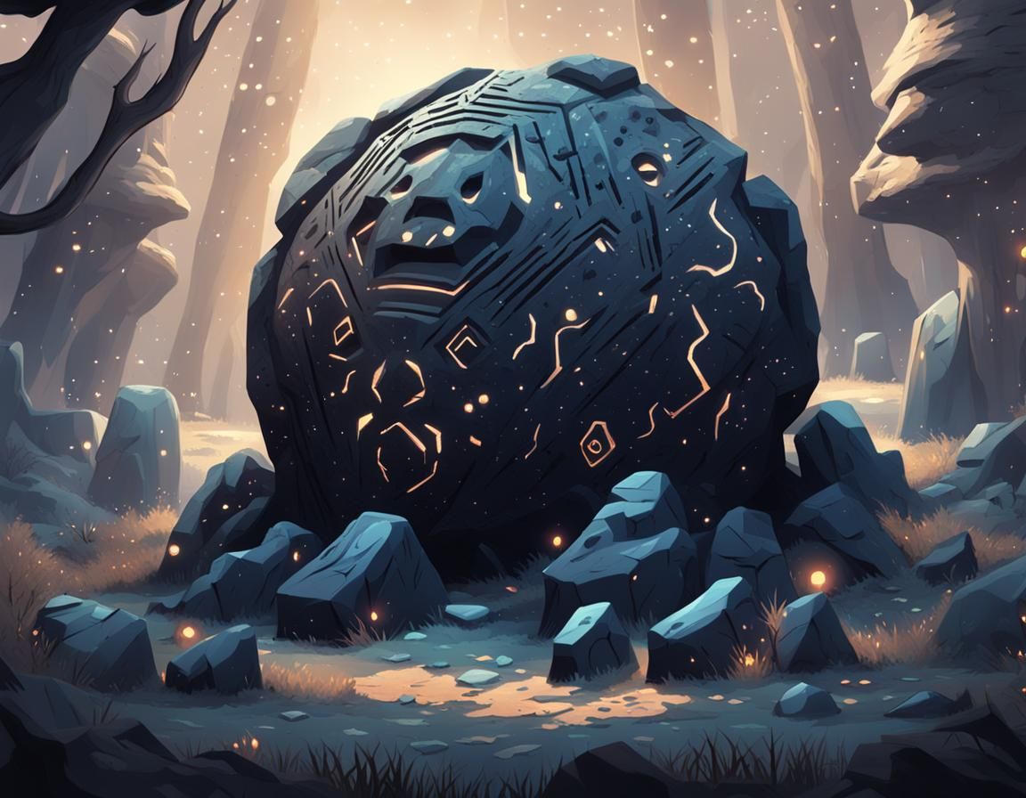 Obsidian Monolith with Glowing Runes and Furry Monsters