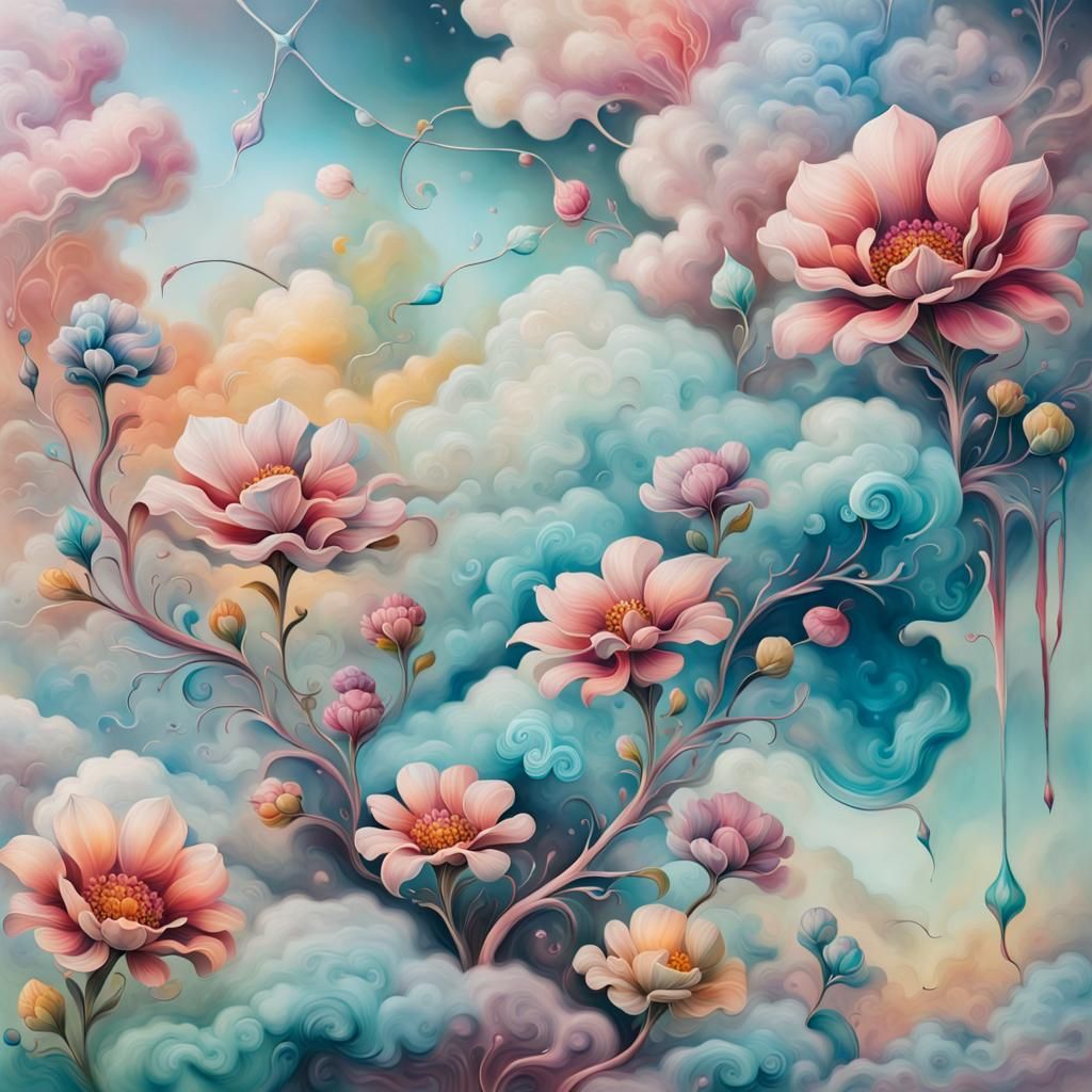 Pastel Fantasy Cloudscape with Glass Elements