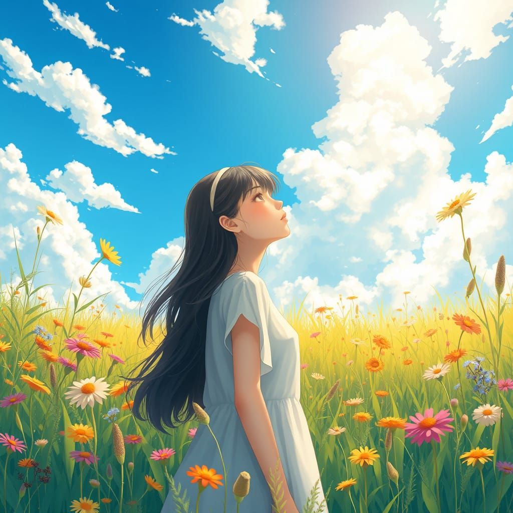 Serenely Gazing Woman in Vibrant Floral Meadow Scene