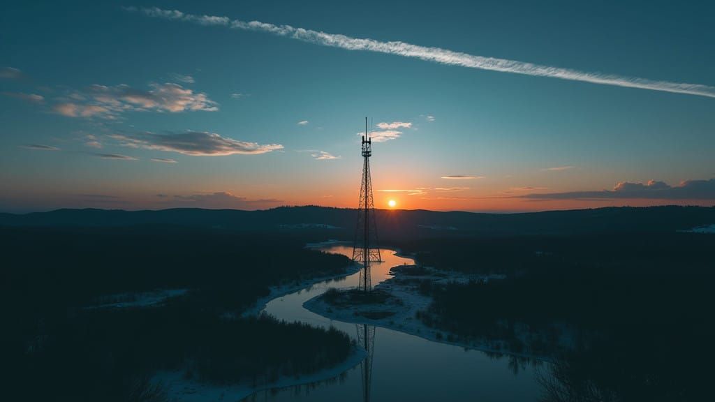Winter Sunset Amidst Abandoned Radio Tower in Cinematic Styl...