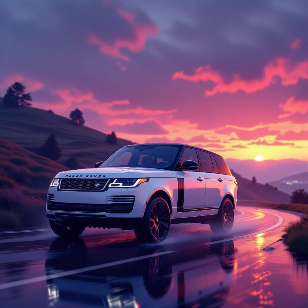 Pearl White Range Rover Drives Down Misty Hill at Sunset