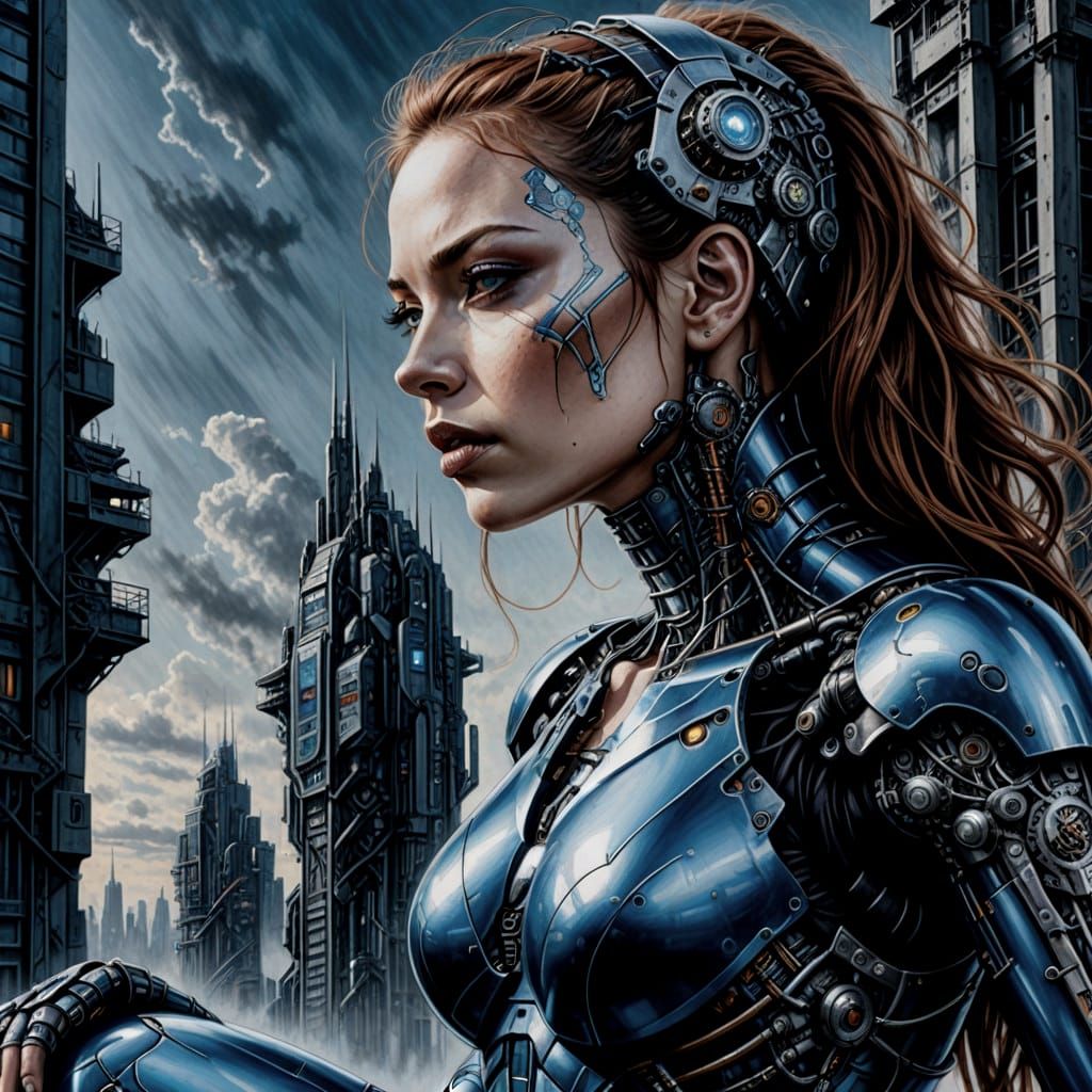 Cyborg Goddess in a Gothic Metropolis
