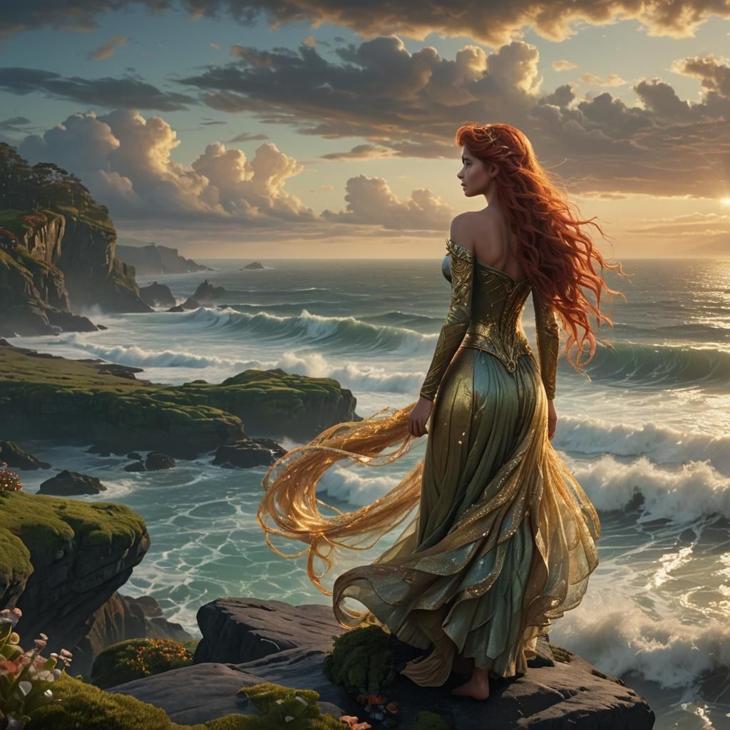 Ariel Overlooking the Ocean in a Maximalist Painting