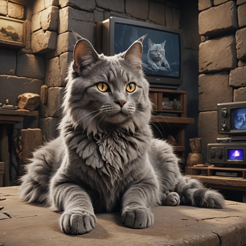 Nebelung Cat Watches TV in 3D Game Cinematic Style