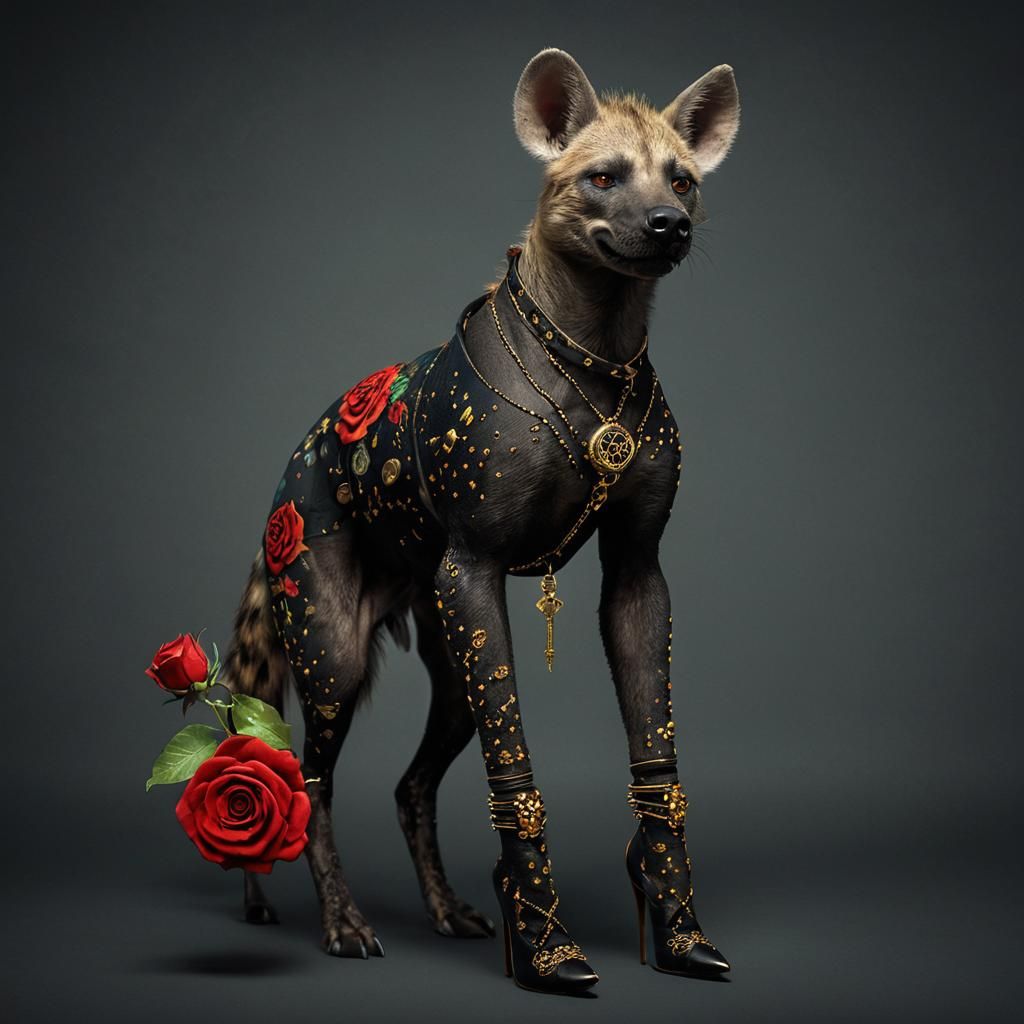 Fabric Hyena with Steampunk Rose in Cosmic Setting