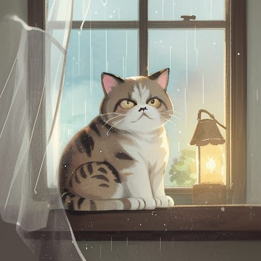 Whimsical Watercolor Cat on a Rainy Windowsill