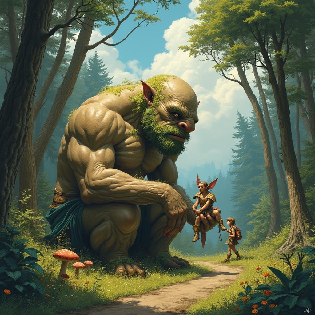 Mighty Cyclops and Agile Elf Share a Gentle Moment in Enchan...