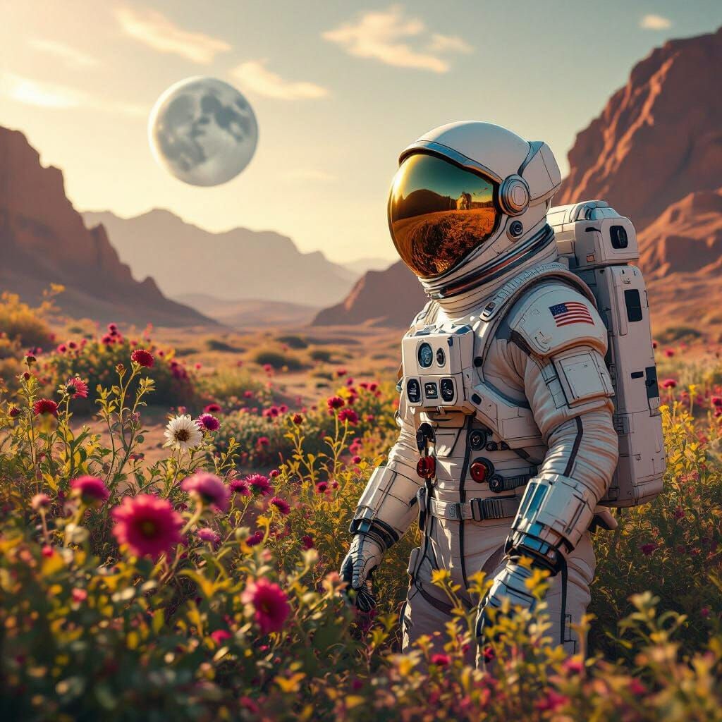 Astronaut Explores Alien Garden on Mars with Two Moons