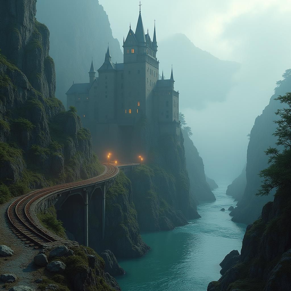 Mystical Castle and Train Track in Matte Painting Style