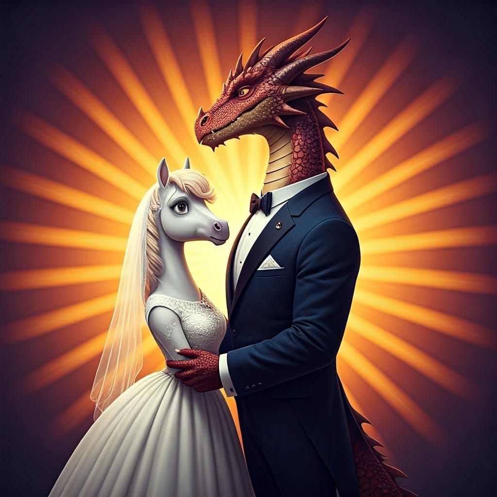 Majestic Dragon and Elegant Horse Exchange Vows in Whimsical...