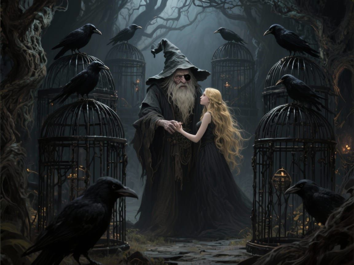 Enchanted Maiden Frees Lover Amidst Dark Fairy Tale Scene