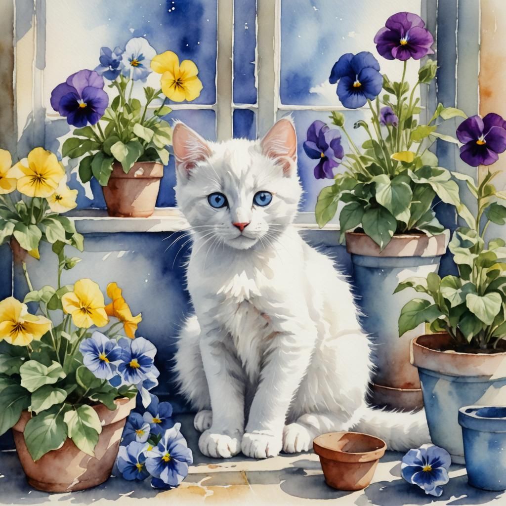 Blue-Eyed Kitten with Pansies, Watercolour Painting