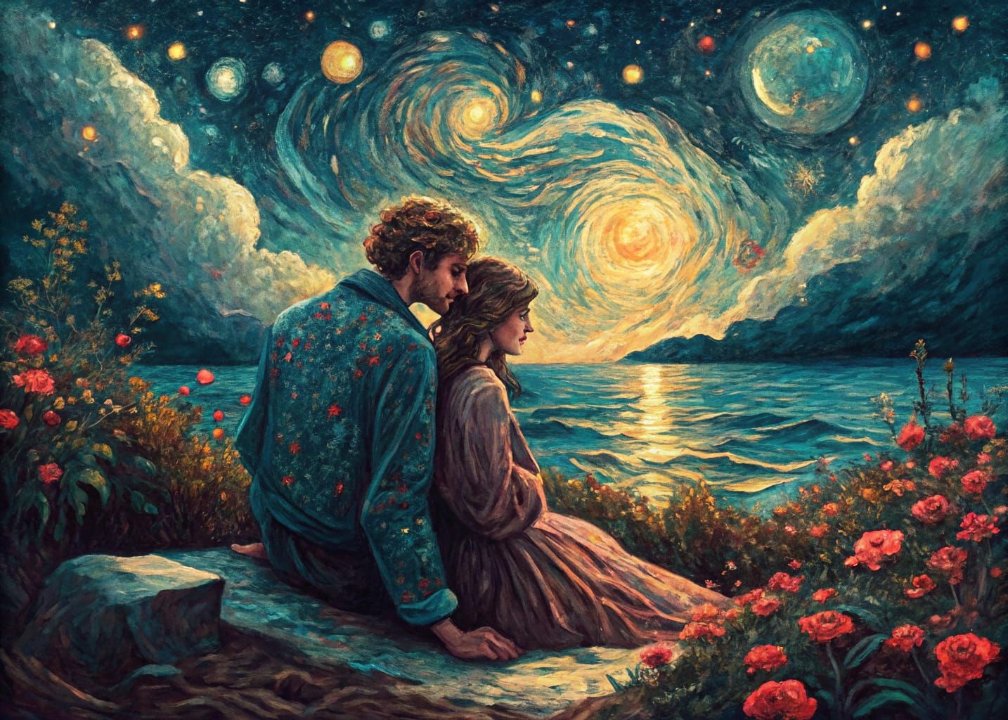 Ethereal Love Scene in Vibrant Impressionist Style