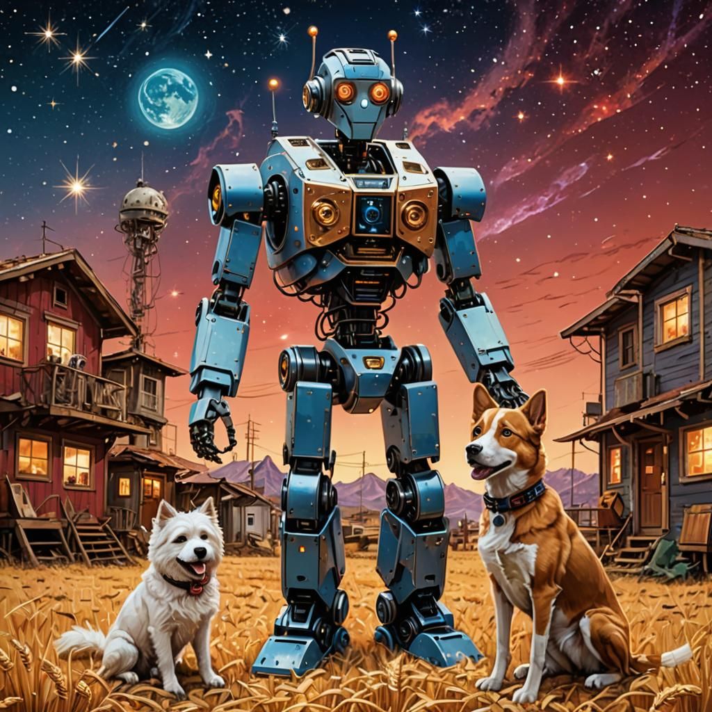 Robot and Dog in a Digital Art Style