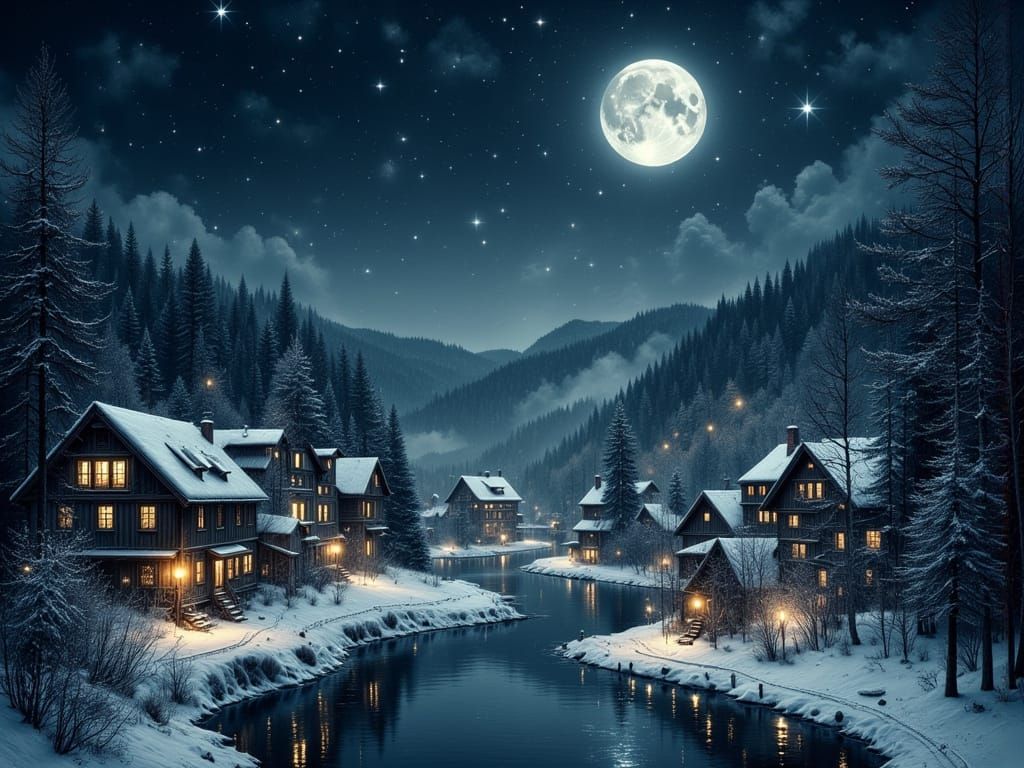 Winter Village Under Full Moon
