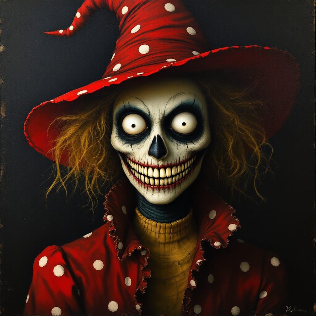 Eerie Grinning Witch in Polka Dot Hat with Sharp Features