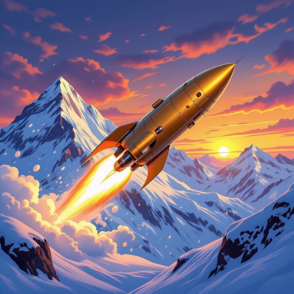 Retro-Futuristic Rocket Launch at Sunset in Fantasy Art