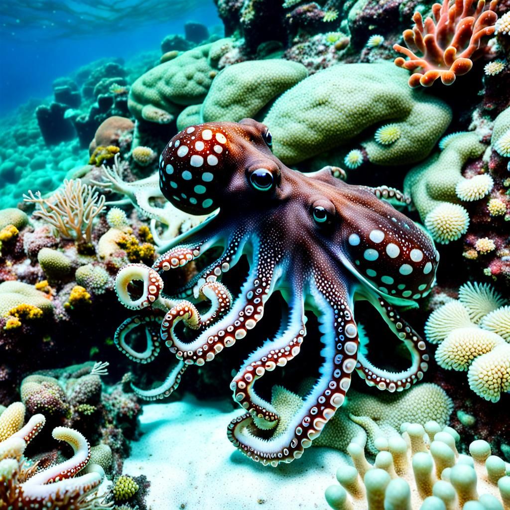 Baby Octopus with Mother in Coral Reef
