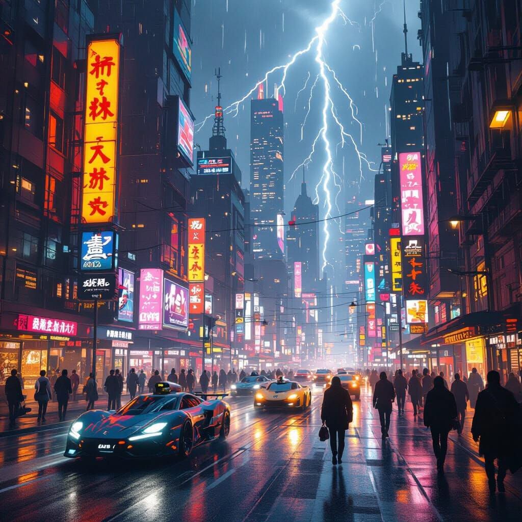 Cyberpunk City Street at Night in Digital Painting Style