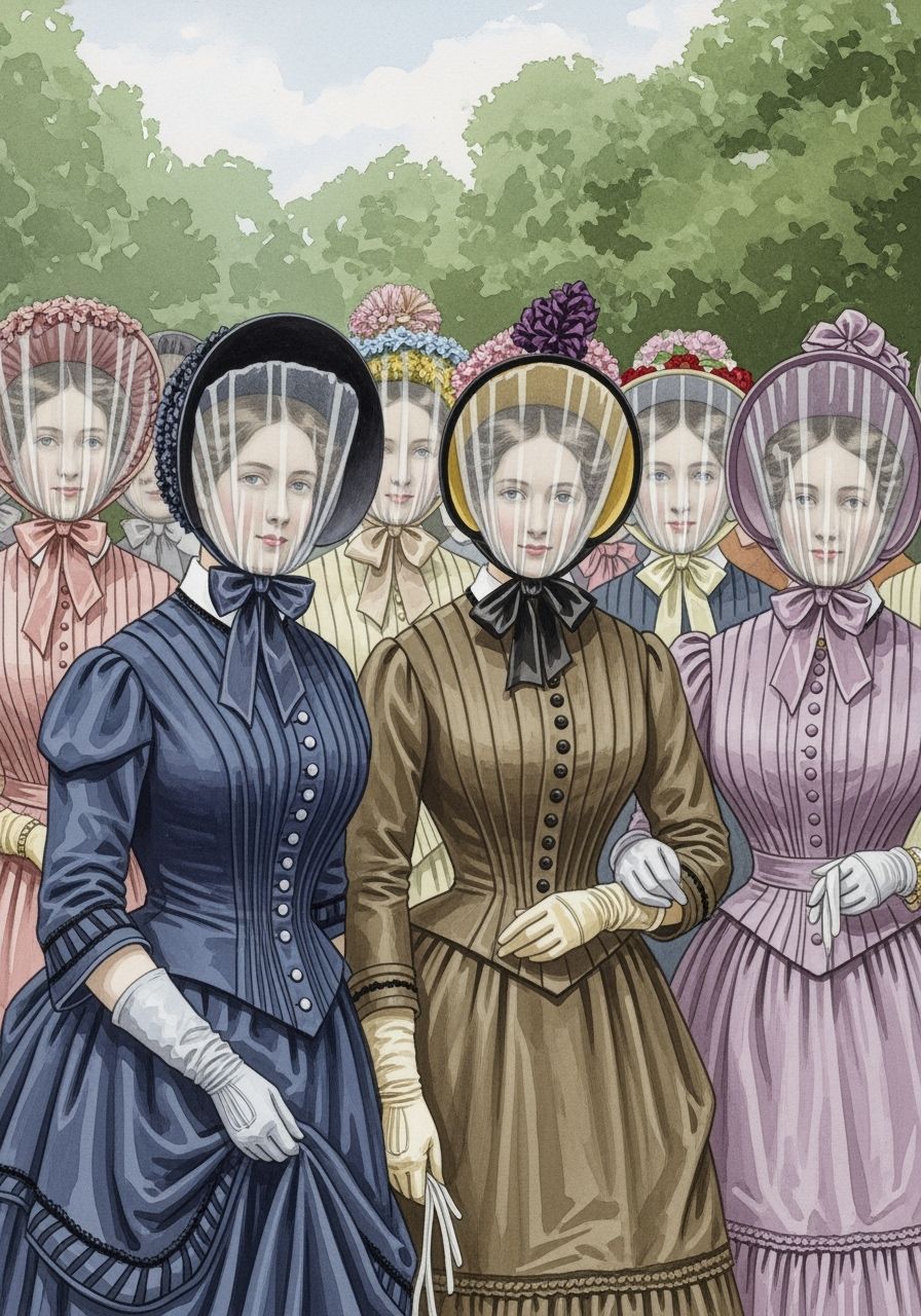 Veiled Victorian Women in Botanic Garden, Gouache Painting